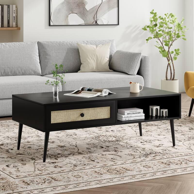 Modern Coffee Table, 47 Inch Rectangle Console Table with Drawer & Shelf, Wooden Coffee Table for Living Room, Office