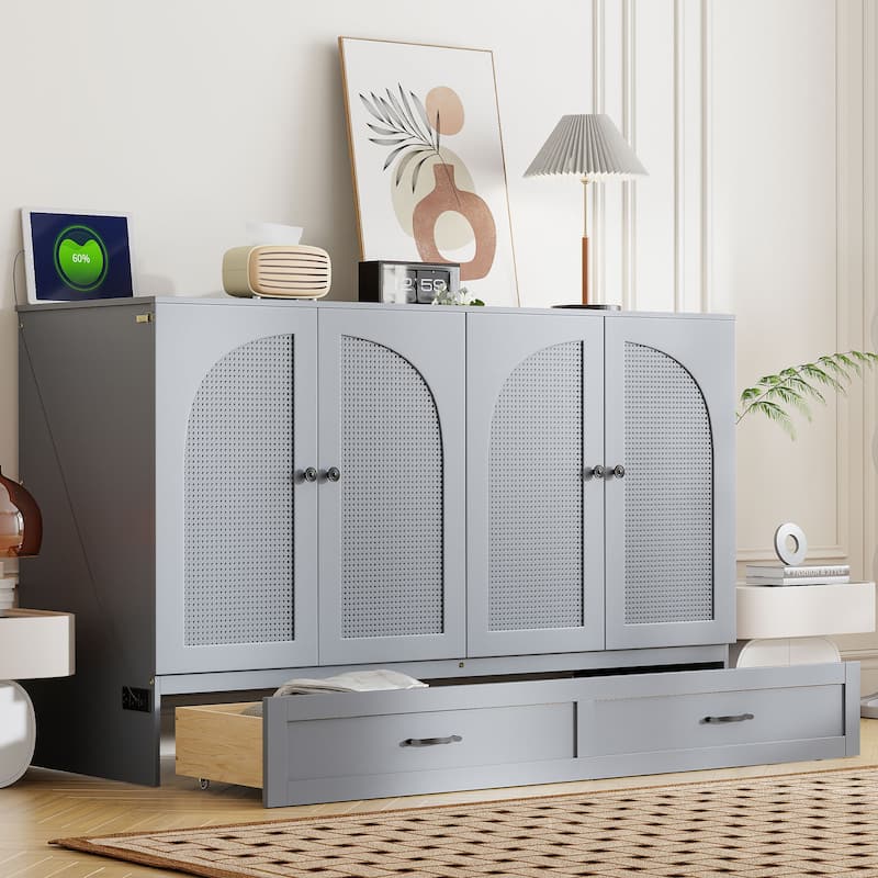 Queen Size Foldable Murphy Bed with Storage Drawers & USB Charging,Space Saving Wall Bed