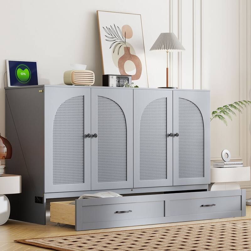 Space-Saving Queen Size Murphy Bed with Large Drawers and USB Charging, Gray