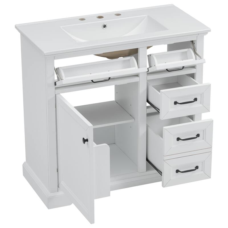 Bathroom Vanity with Ceramic Sink, Bathroom Storage Cabinet with 2 Drawers, 2 Tip-Out Drawers & Adjustable Shelf