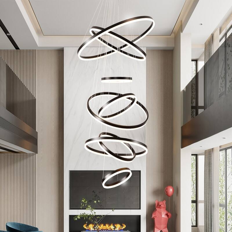 Gold 8 Ring Modern LED High Ceiling Chandelier Dimmable Light Fixture - 31.5x31.5x157in