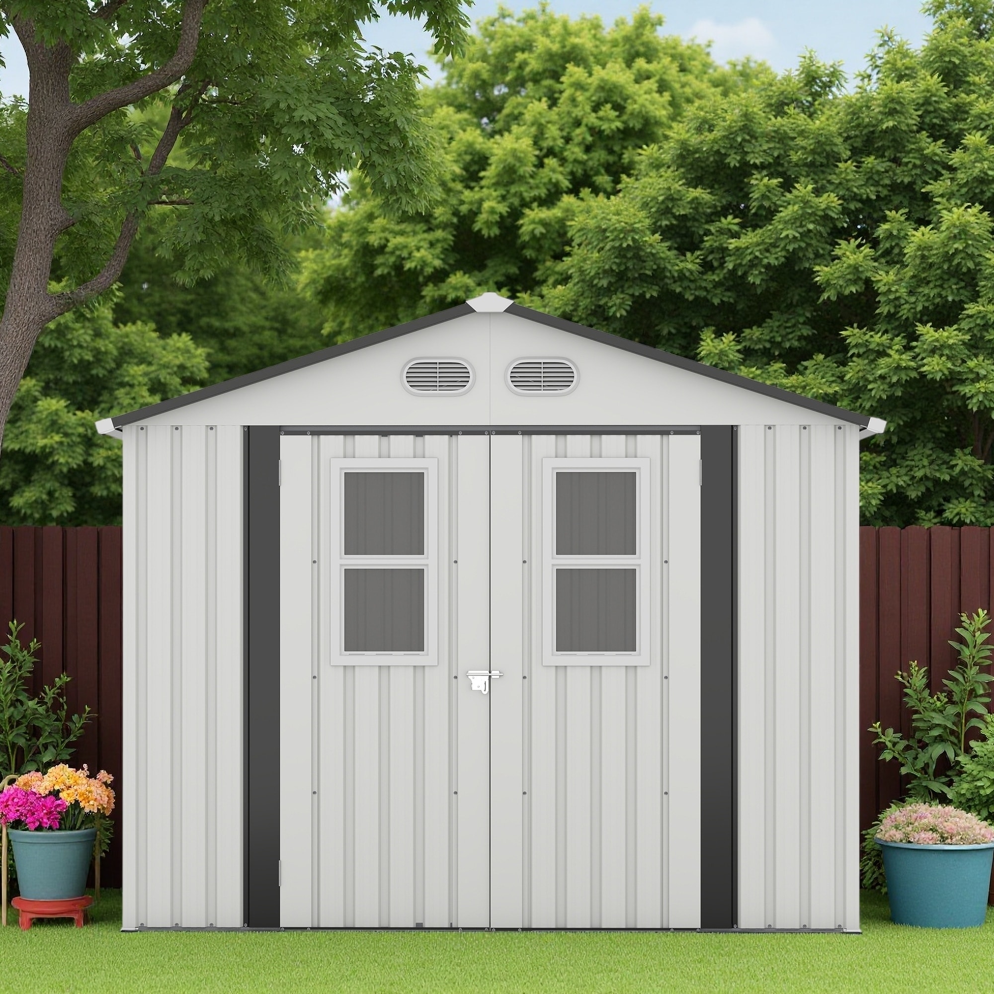 Outdoor Metal Storage Shed with Daylight Windows and Lockable Doors for Garden, Patio