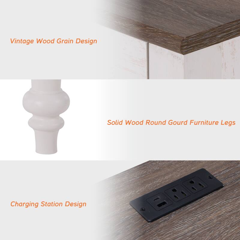 56'' Farmhouse Executive Desk with Drawers White/Oak - 5 Drawers and 2 Doors