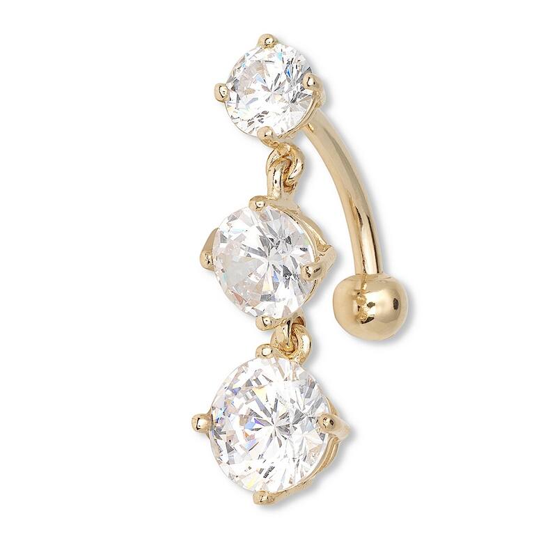 Curata Solid 14k Yellow or White Gold Triple Drop Round Cubic Zirconia Top Mount Belly Button Ring Dangle (8mm x 25mm)