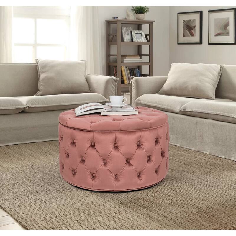 Adeco Round Storage Ottoman Button Tufted Footrest Stool Bench