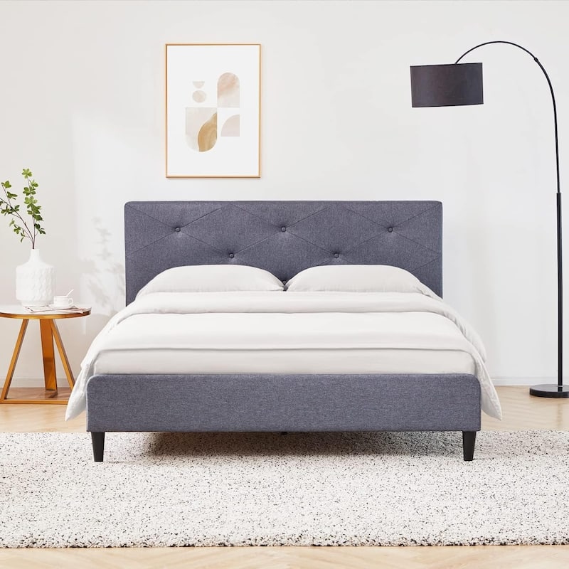 Twin Bed Frame Upholstered Platform with Headboard and Strong Wooden Slats,No Box Spring Needed, Easy Assembly