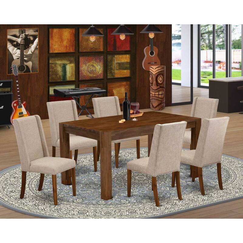 HomeStock 7-Piece Rectangle Natural Oak Finish Solid Wood Top Dining Table with 6 Parson Chairs