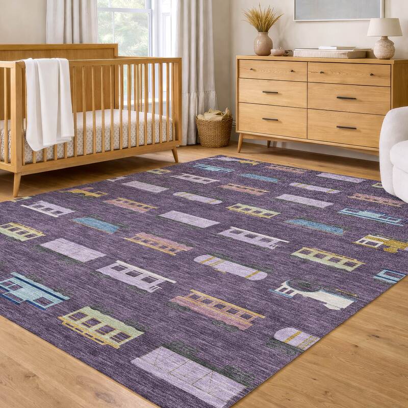 Machine Washable Indoor/ Outdoor Modern Train Chantille Rug