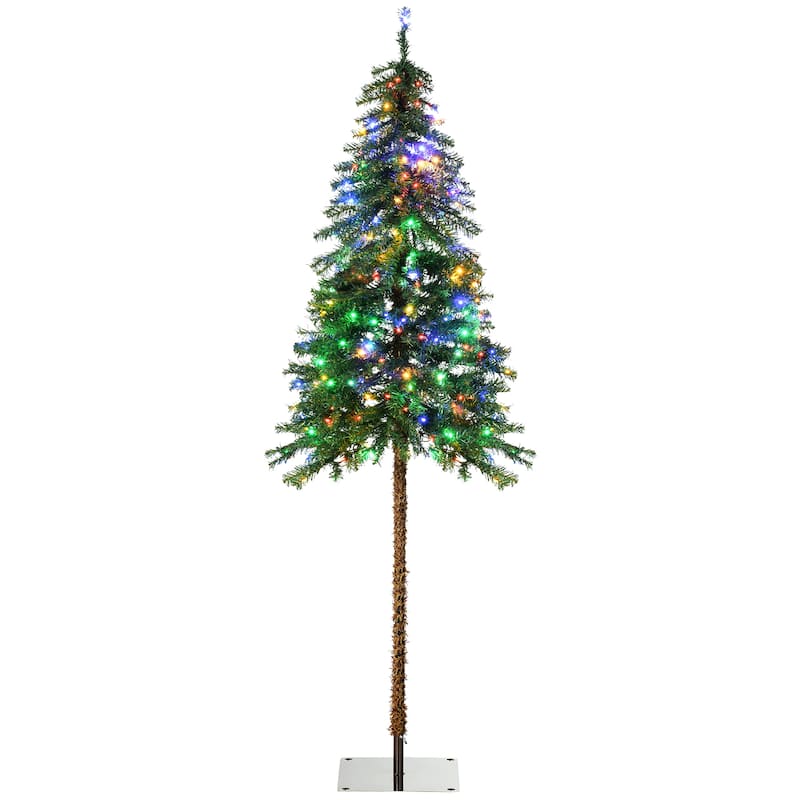 HOMCOM Pre-Lit Pencil Artificial Tree - Warm White/Colorful LED Lights, Steel Base - Green