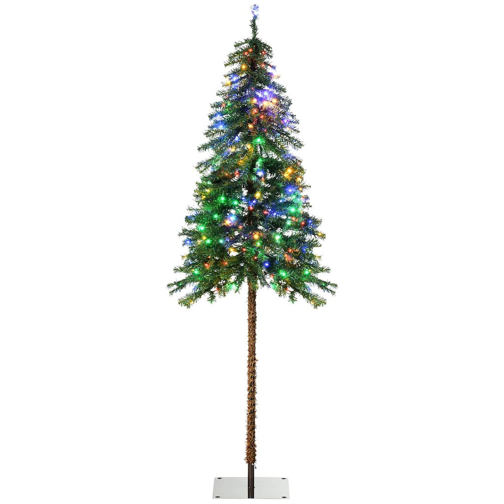 HOMCOM Pre-Lit Pencil Artificial Tree - Warm White/Colorful LED Lights, Steel Base - Green