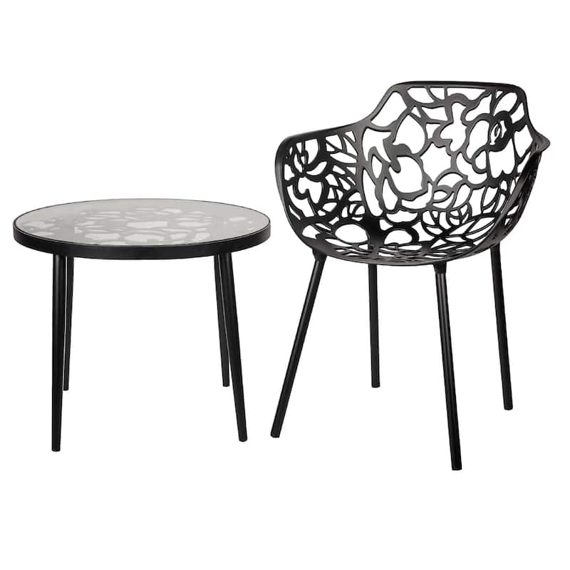 Devon Decorative Modern Floral Cutout Glass Top Patio Coffee Side Table with Aluminum Frame for Indoor Outdoor - 23 x 23