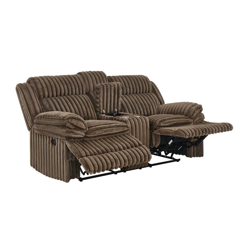 Roundhill Furniture Ardello 2-Piece Reclining Sofa Set, Corduroy Upholstery with Built-In Power Center, Chocolate