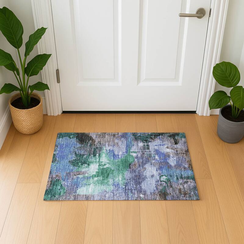 Premium Washable Super Soft Abstract Brushstrokes Mayfield Rug - Green - 1'8" x 2'6"