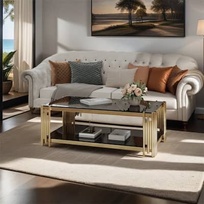 48" Wide Rectangular Coffee Table with Black Tempered Glass Top