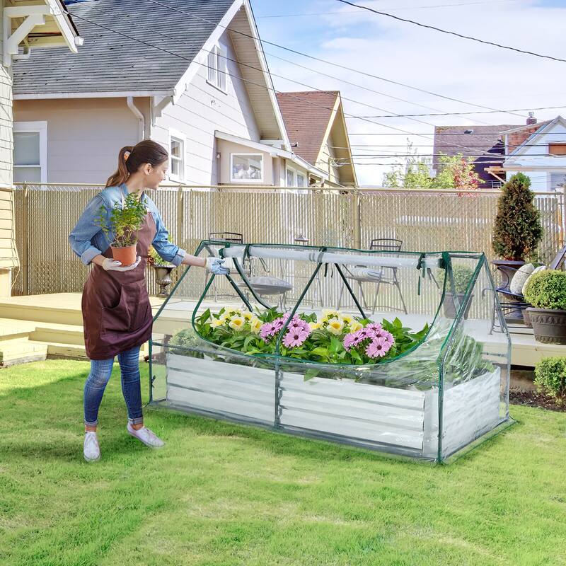 Gymax Galvanized Steel Raised Garden Bed Metal Planter Box Kit w/ Mini