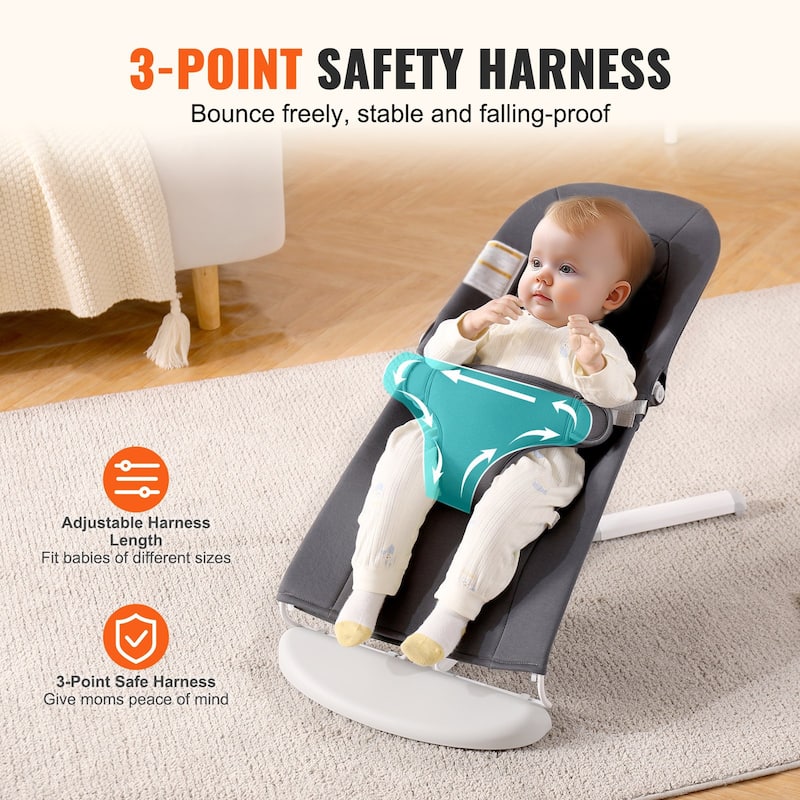 Dark Gray Metal Baby Bouncer with 2 Angles and 3-Point Harness - 25.6” L x 16.1” W x 23.6” H