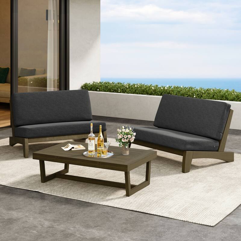Outdoor 3-Piece Armless Lovesaet Sofa Conversation Set with Table - Whole Cushion - Dark Gray/Brown