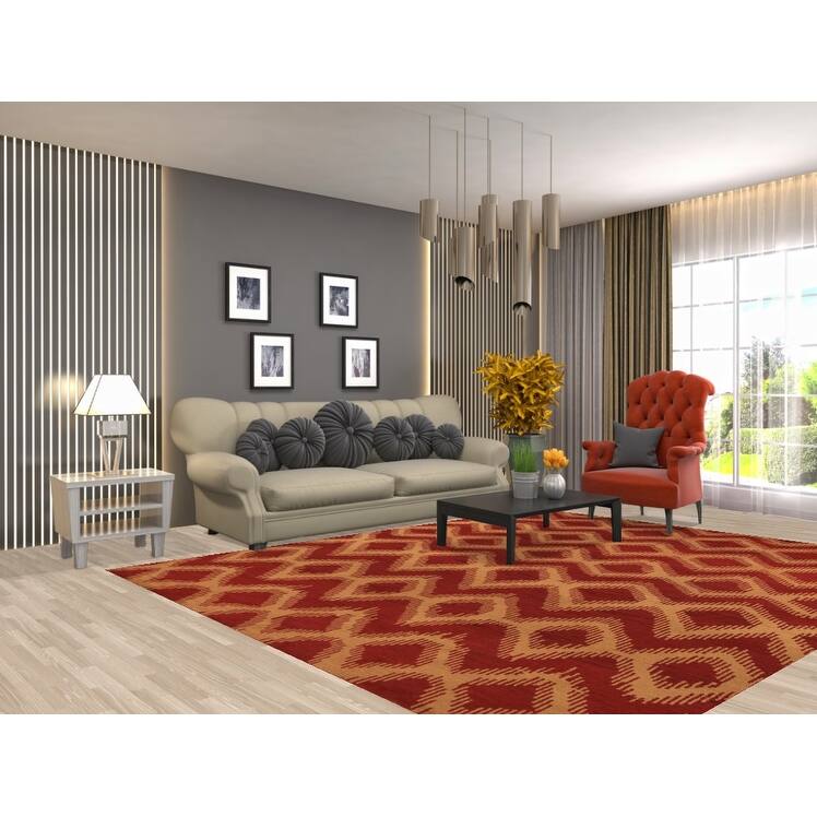 Hand Knotted Oriental 100% Wool Carpet Modern Geometric Red Moroccan Area Rug - 9' 7'' X 7' 11''