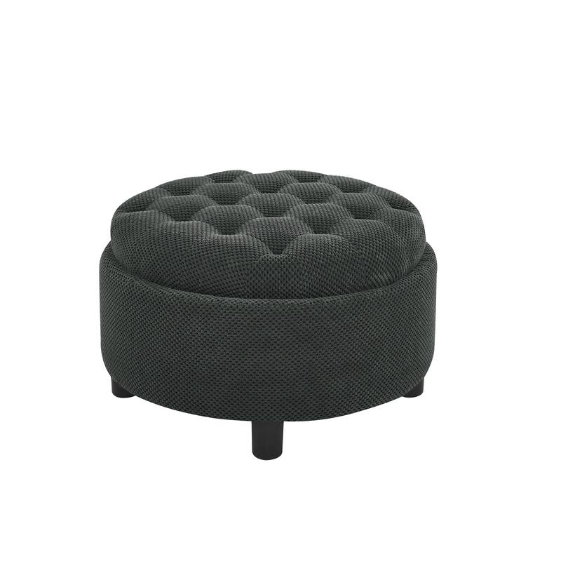 Round Storage Ottoman with Lift-Off Tray and Upholstered Fabric