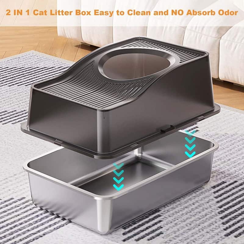 Stainless Steel High Sided Cat Litter Box, Enclosed Removable Covered