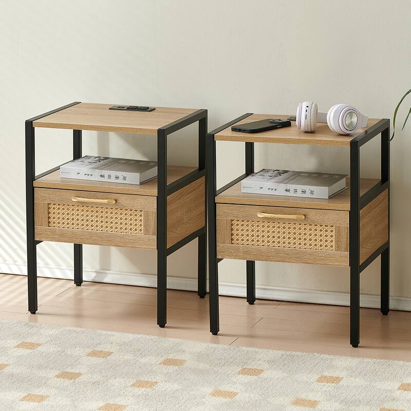 Set of 2,Rattan End table with drawer, Modern nightstand, metal legs,side table for living room, bedroom,white
