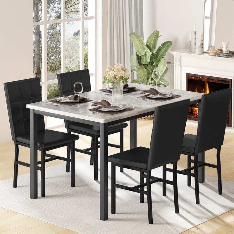 Grondin Modern Style 5 Pieces Dining Table Set For 4, Faux Marble Dining Room Table Set With 4 Upholstered Dining Chairs