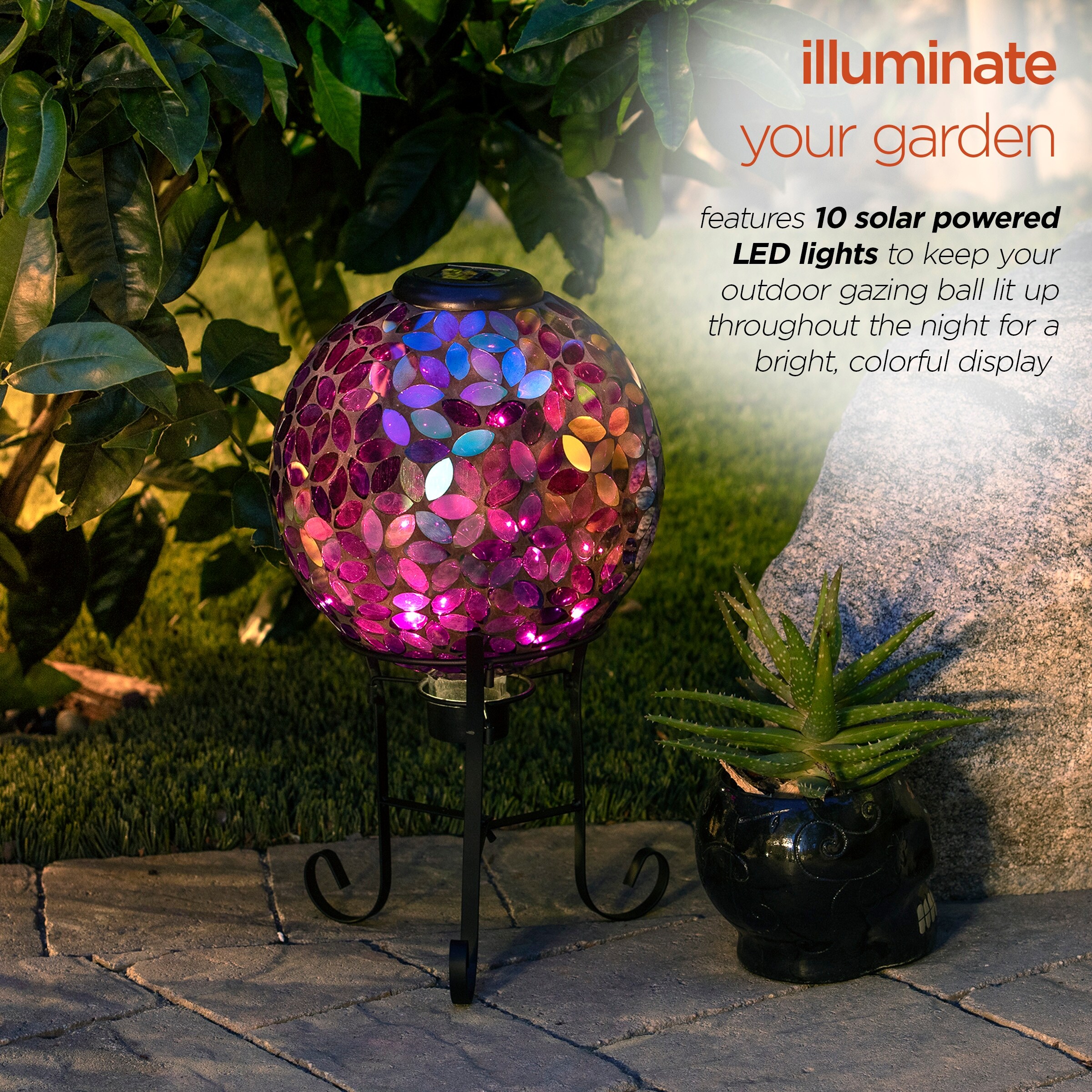 Alpine Solar Purple Mosaic Gazing Globe with Metal Stand