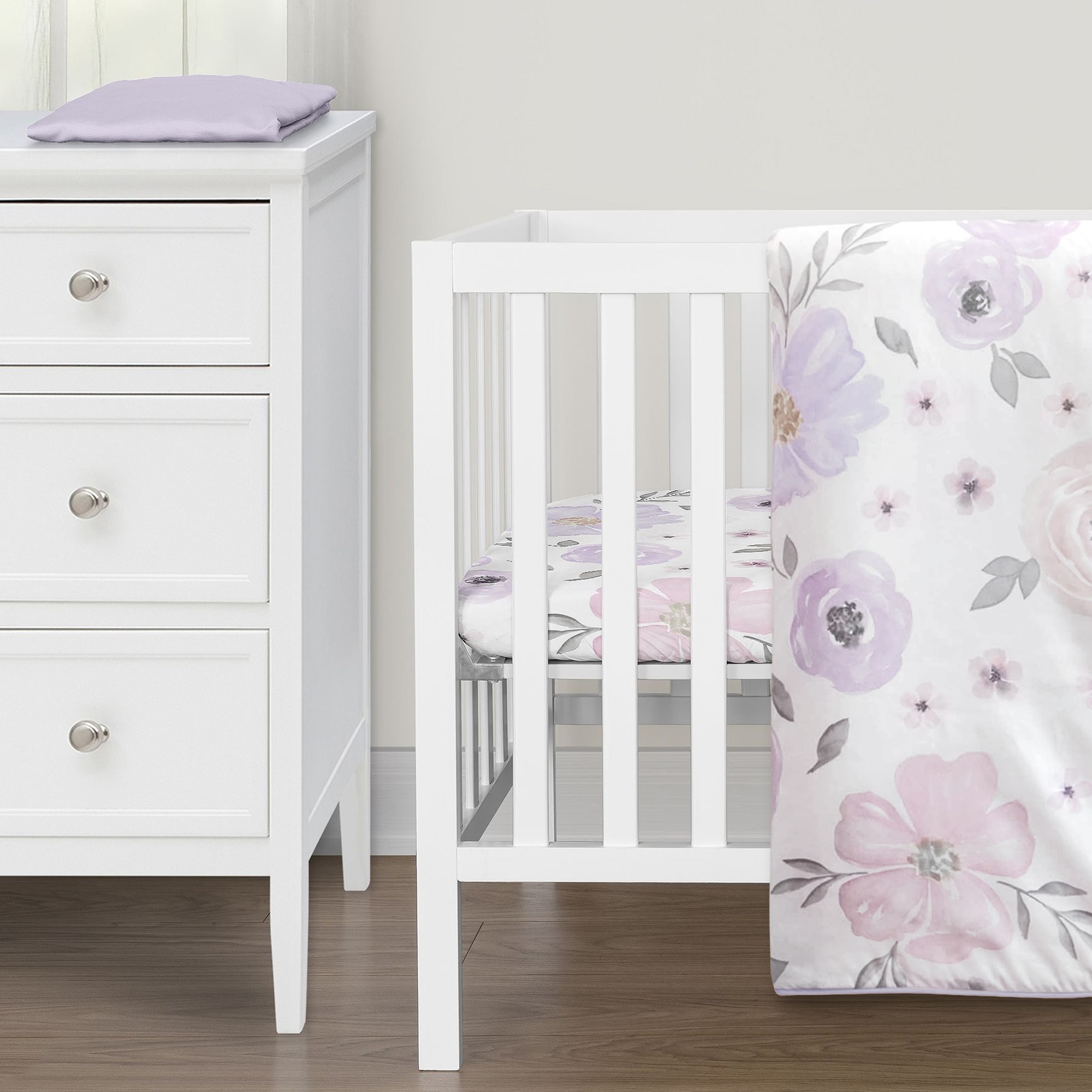 Sweet Jojo Designs Lavender Purple Boho Floral Girl 3p Mini Crib Bedding Set Pink Grey Bohemian Farmhouse Shabby Chic Watercolor