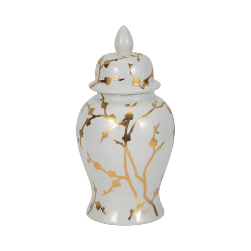 Sagebrook Home Elegance 14" White Ceramic Temple Jar with Gold Cherry Blossom - Chinoiserie Accent Piece