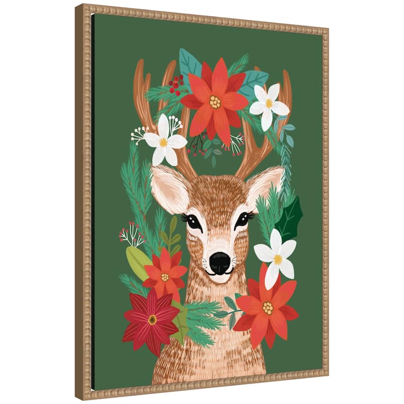 Kate and Laurel Sylvie Beaded Festive Christmas Deer Framed Canvas by Mia Charro - Sylvie Beaded Rustic Natural - 18x24