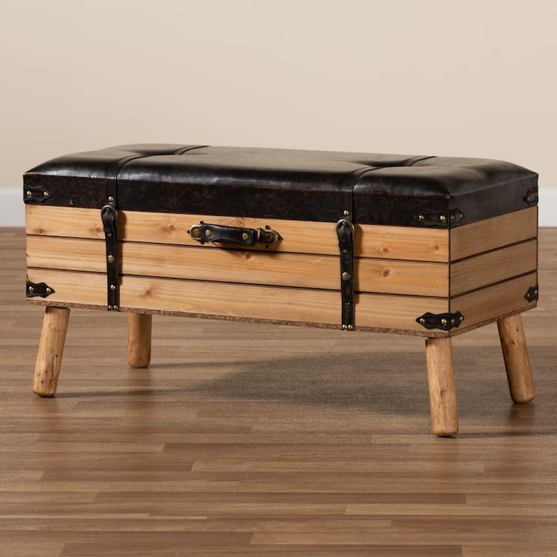 Amena Dark Brown PU Leather and Oak Wood Large Storage Ottoman