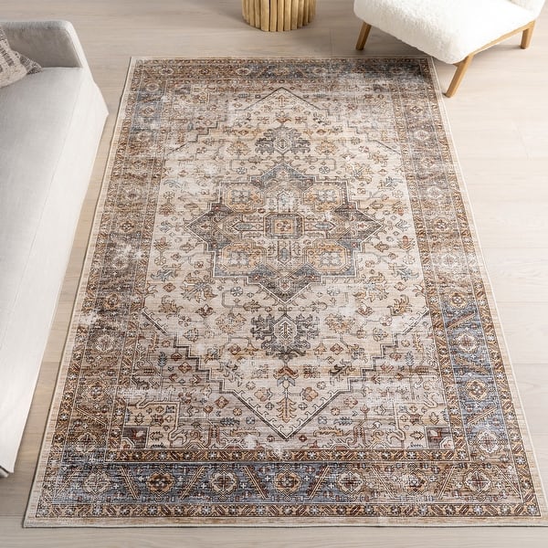 slide 2 of 16, Nuloom Purnima Medallion SplashGuard Machine Washable Area Rug 4' x 6' - Ivory - Rectangle