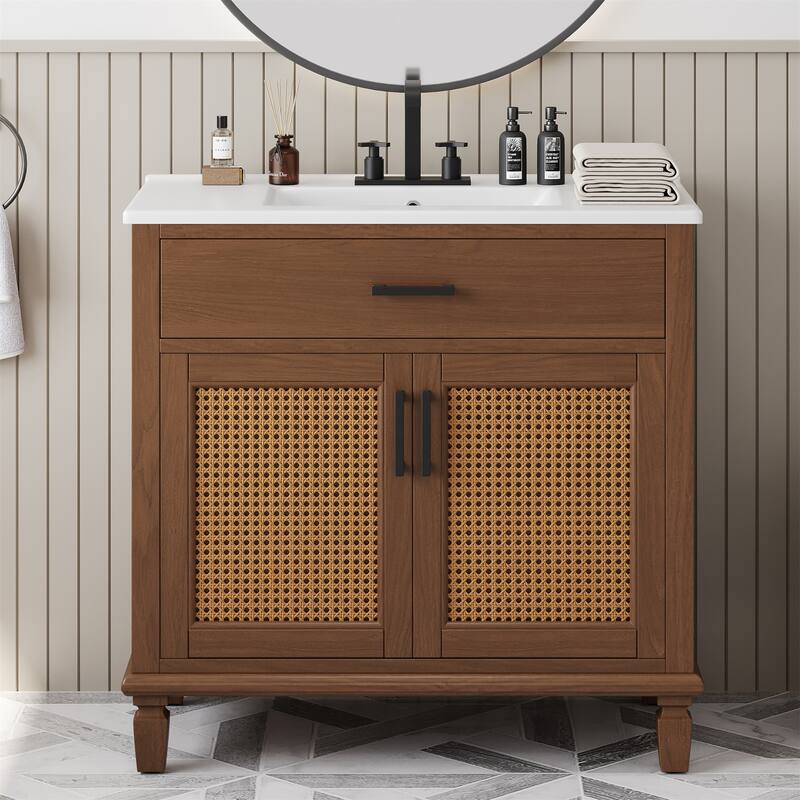 36" Rattan Bathroom Vanity with Ceramic Sink