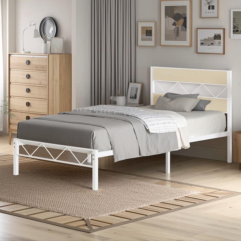 VECELO Retro Platform Bed Frame Wood Headboard, Twin/Full/Queen Size Beds