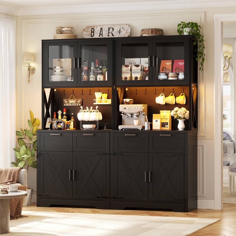 71" Kitchen Pantry Storage Cabinet with LED Light & Power Outlet, Freestanding Buffet Cabinet with Microwave Stand and Doors