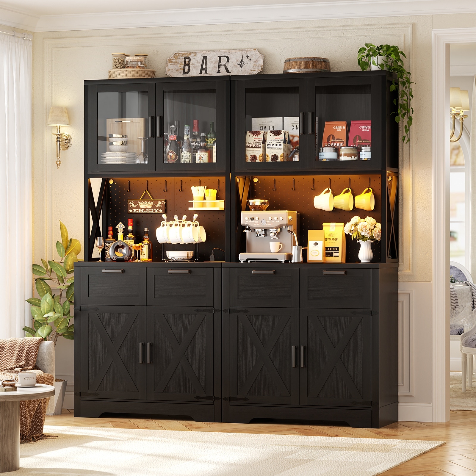 71'' H Kitchen Pantry Storage Cabinet with LED Light & Power Outlet, Freestanding Buffet Cabinet with Microwave Stand and Doors