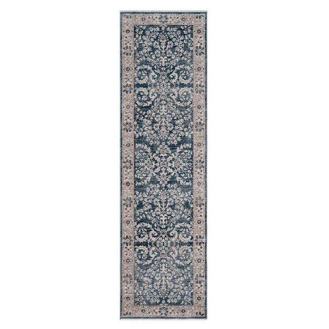 Terra by Obeetee Heirloom Antique Floral Navy Rug - Oxford Blue - 2'2" x 7'6"