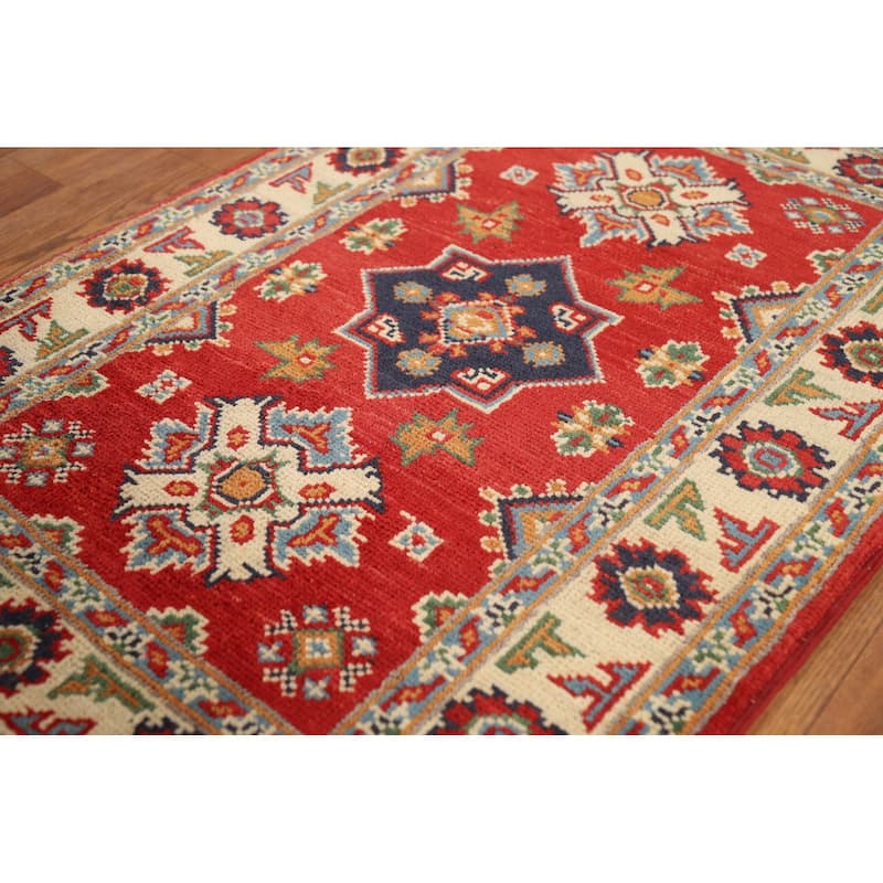 Red Geometric Kazak Oriental Accent Rug Hand-Knotted Wool Carpet - 2'0" x 3'0"