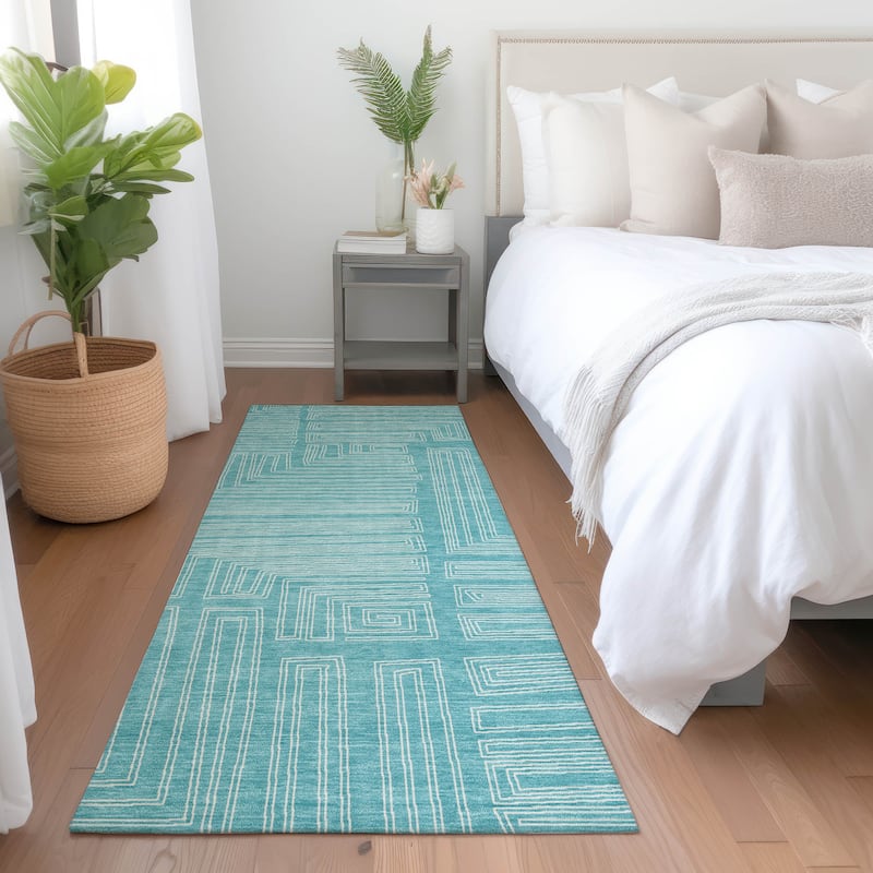 Machine Washable Indoor/ Outdoor Contemporary Stack Chantille Rug - Turquoise - 2'3" x 7'6"