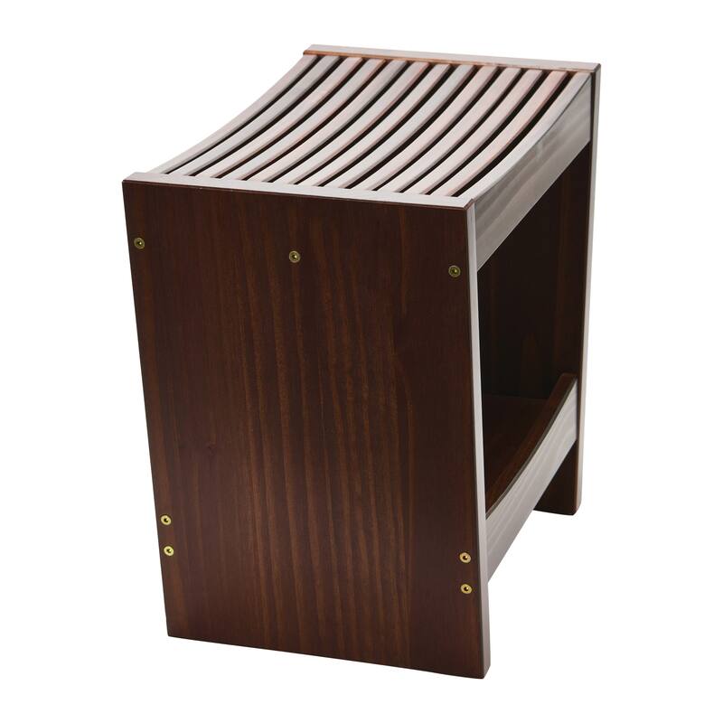 Slatted Solid Wood Stool With Storage Shelf
