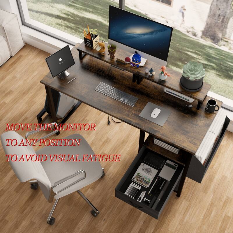 47" Office Desk with 2 Monitor Stands and Fabric File Cabinet, Writing Gaming Table with Shelves and Hooks for Home Office