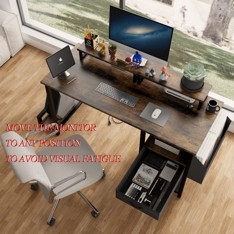 Computer Desk with 2 Drawers & Power Outlets, Gaming Desk with 2 Monitor Stands & Side Pocket, Small Home Office Desk