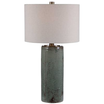 Crackled Cylindrical Ceramic Table Lamp with White Drum Shade - 32.5" - Aqua Blue