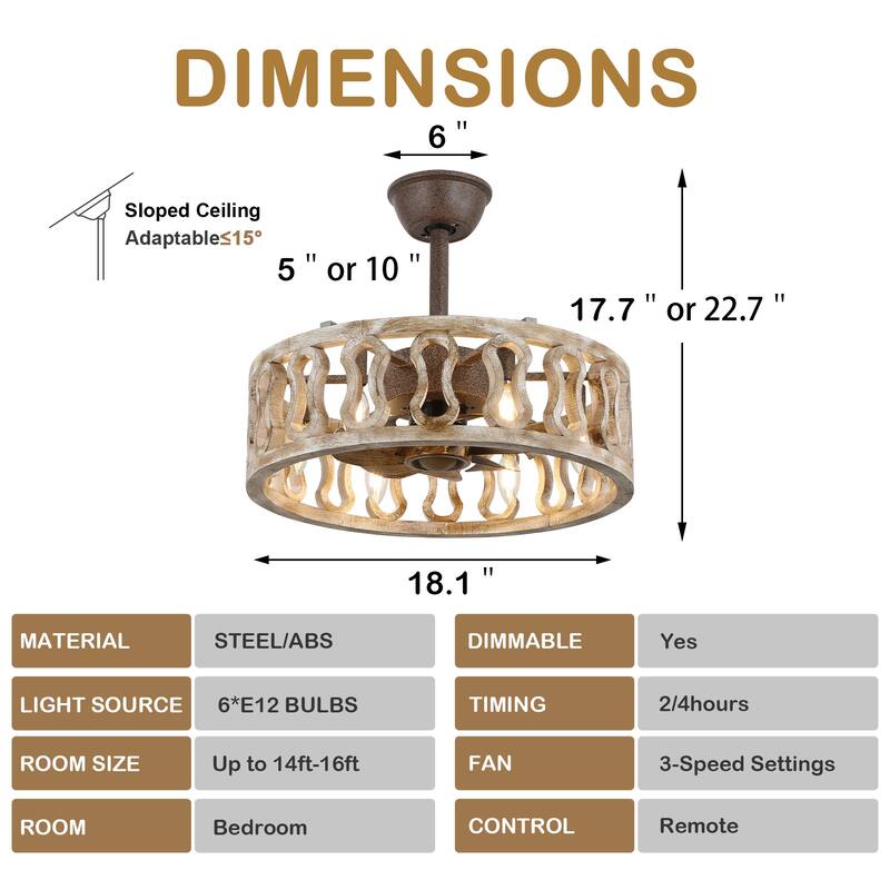 18 Inch Vintage Farmhouse Caged Ceiling Fan with Lights and Remote, 6-Speed Reversible Bladeless Ceiling Fan Fandelier - 18"