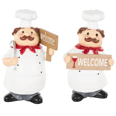 Polystone Chef Kitchen Decorative Figurine Sculpture with Welcome Signs - Set of 2 White - Roche River Decor