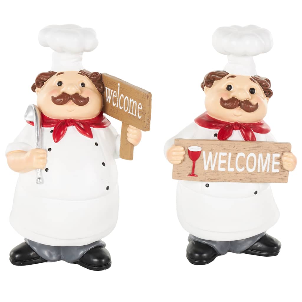 Polystone Chef Kitchen Decorative Figurine Sculpture with Welcome Signs - Set of 2 White - Roche River Decor
