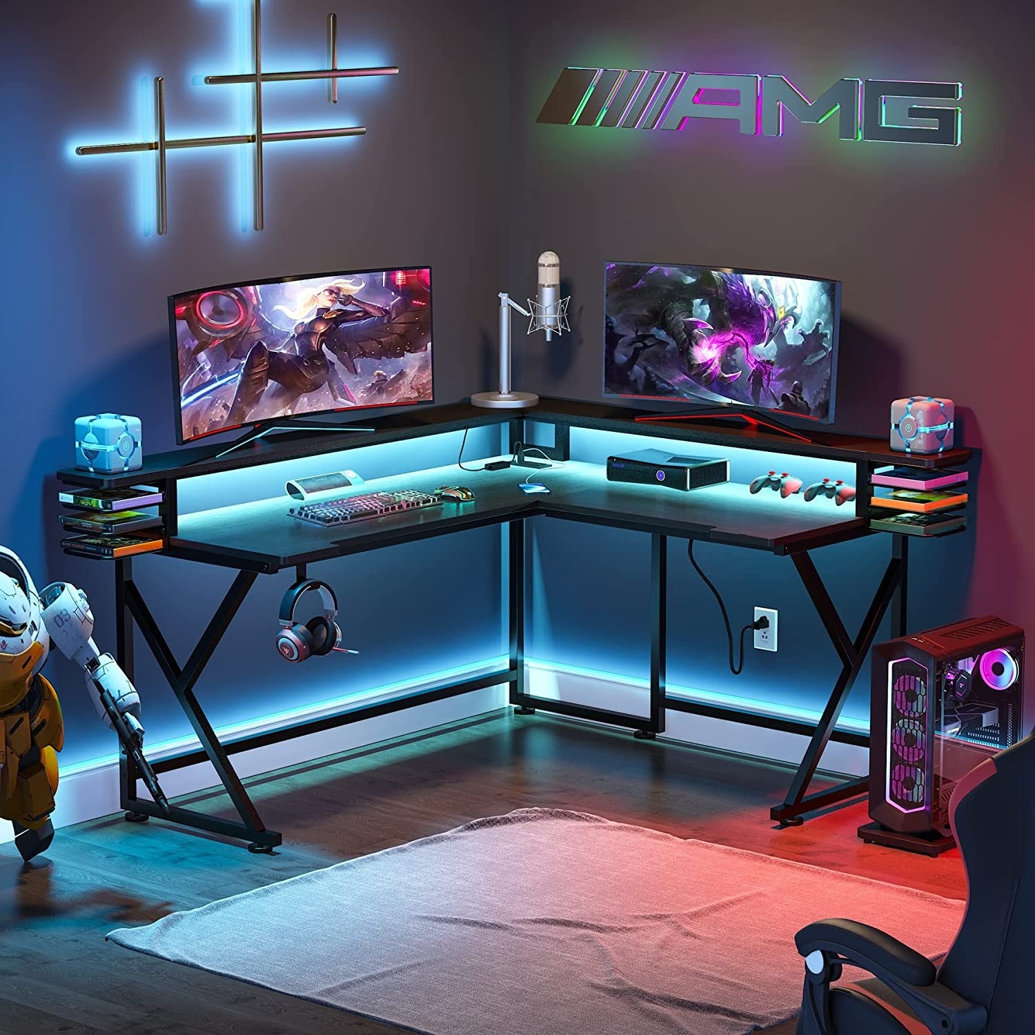 Tribesigns L-Shaped Gaming Desk with Power Outlet and Led Lights, Computer  Corner Desk with Monitor Stand