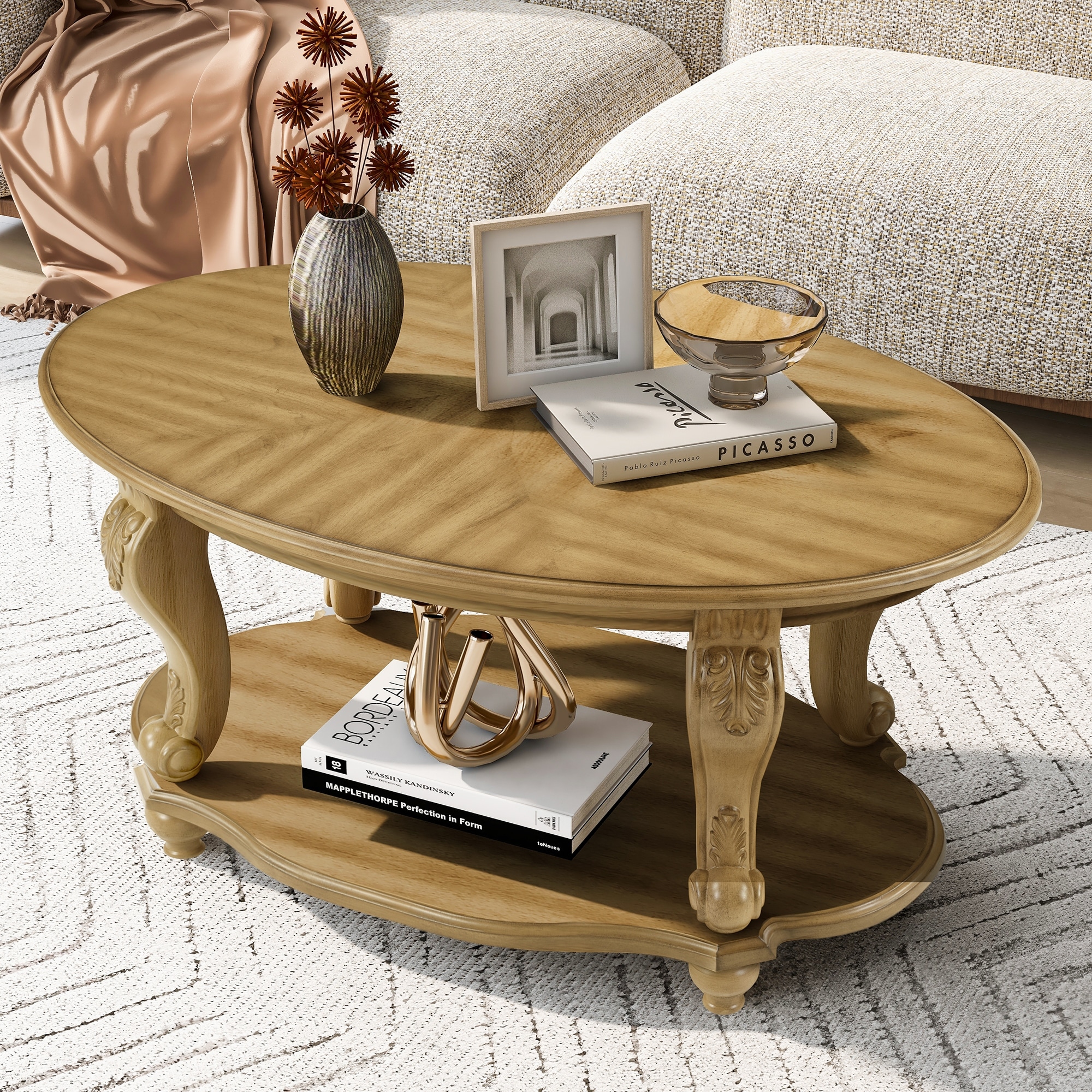 42 Inch Oval Wood Coffee Table with 2-Tier Open Shelf