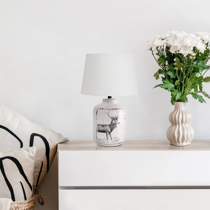 Reindeer Ceramic Table Lamp with Tapered Drum Shade - 17.75" - White