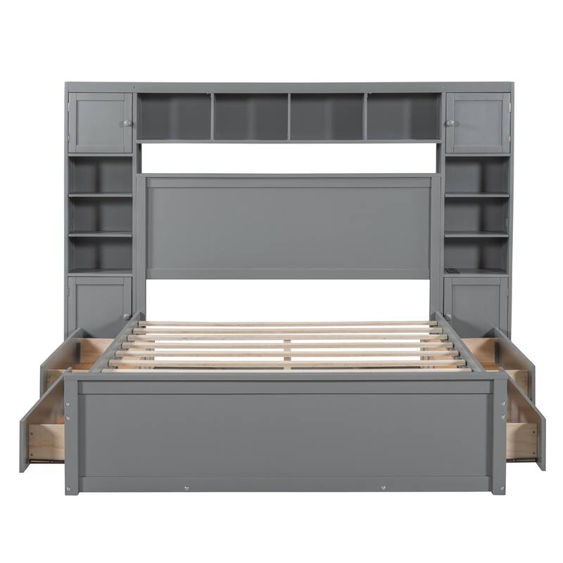 Queen Size Wooden Bed With All-in-One Cabinet, Shelf and Sockets